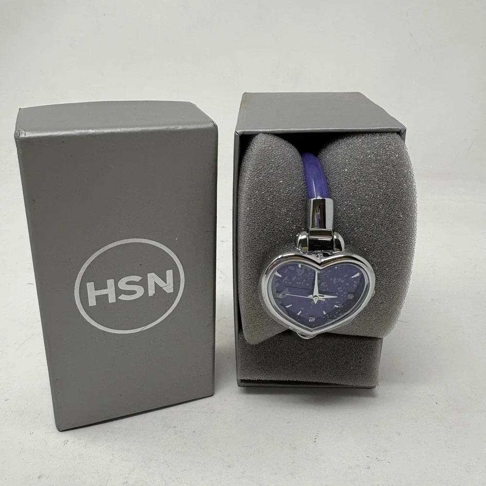 Joy Mangano Purple Heart Bangle Watch Silver Tone Magnetic Clasp Safety Chain